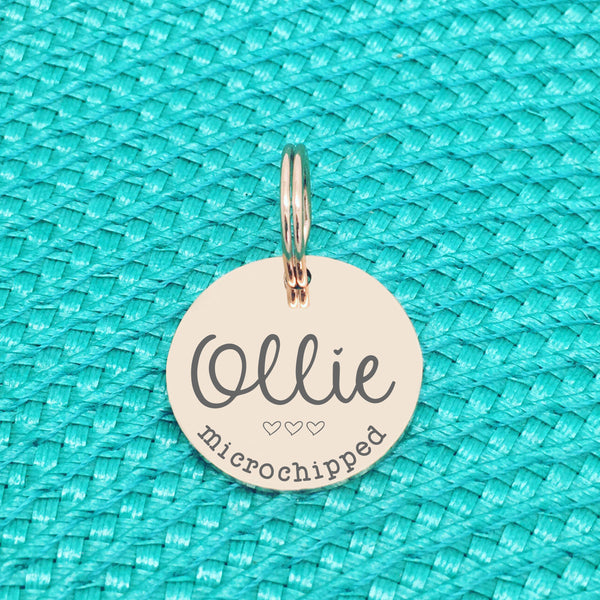 Rose Gold Personalised Dog Tag, Frankie Microchipped Design with Heart Image (Personalised Dog Tag / Personalised Cat Tag)