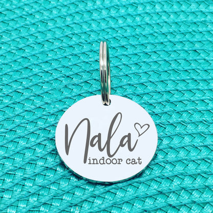 Personalised Pet Tag, Indoor Cat Design with Heart Image (Personalised Dog Tag / Personalised Cat Tag)
