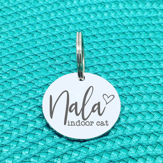 Personalised Pet Tag, Indoor Cat Design with Heart Image (Personalised Dog Tag / Personalised Cat Tag)