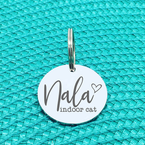 Personalised Pet Tag, Indoor Cat Design with Heart Image (Personalised Dog Tag / Personalised Cat Tag)