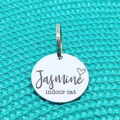 Personalised Pet Tag, Indoor Cat Design with Heart Image (Personalised Dog Tag / Personalised Cat Tag)