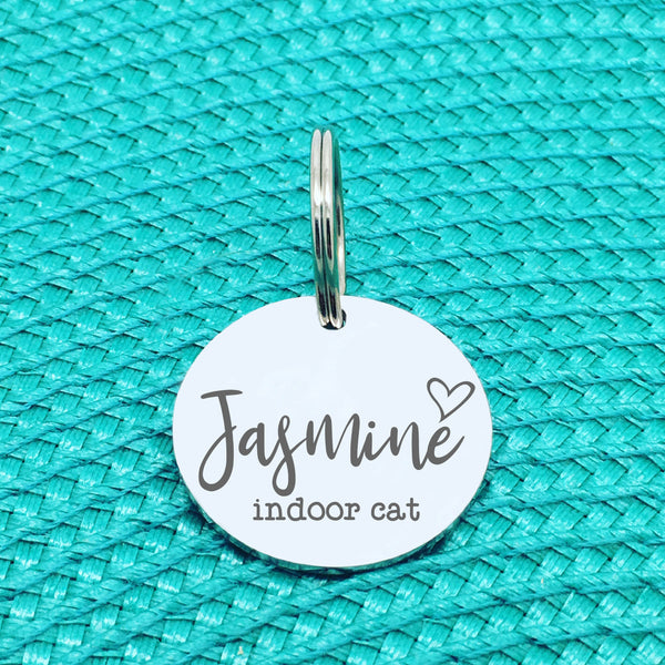Personalised Pet Tag, Indoor Cat Design with Heart Image (Personalised Dog Tag / Personalised Cat Tag)