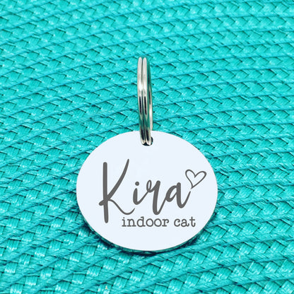 Personalised Pet Tag, Indoor Cat Design with Heart Image (Personalised Dog Tag / Personalised Cat Tag)