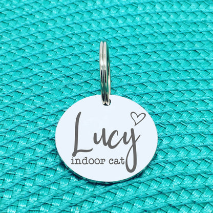 Personalised Pet Tag, Indoor Cat Design with Heart Image (Personalised Dog Tag / Personalised Cat Tag)