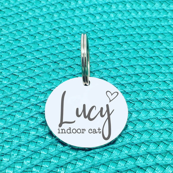 Personalised Pet Tag, Indoor Cat Design with Heart Image (Personalised Dog Tag / Personalised Cat Tag)
