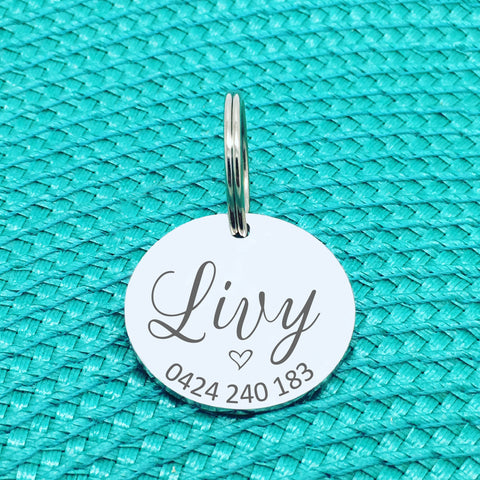 Personalised Pet Tag, Cute Pet Tag with Heart, Livy Design (Personalised Dog Tag / Personalised Cat Tag)