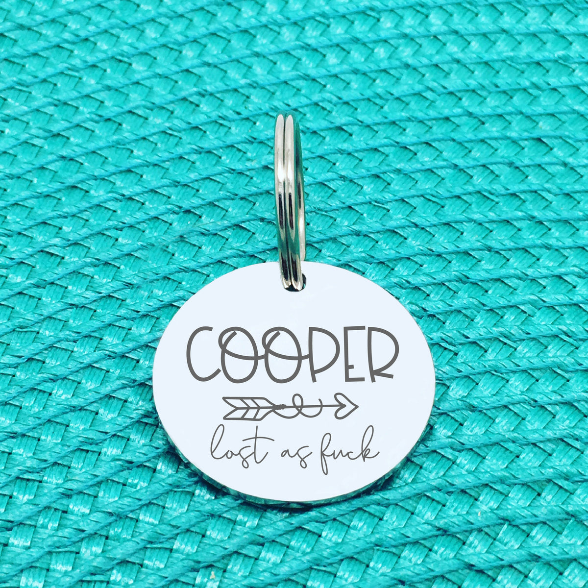 Personalised Pet Tag, 'Lost as Fuck' Arrow Design (Personalised Custom Engraved Dog Tag)