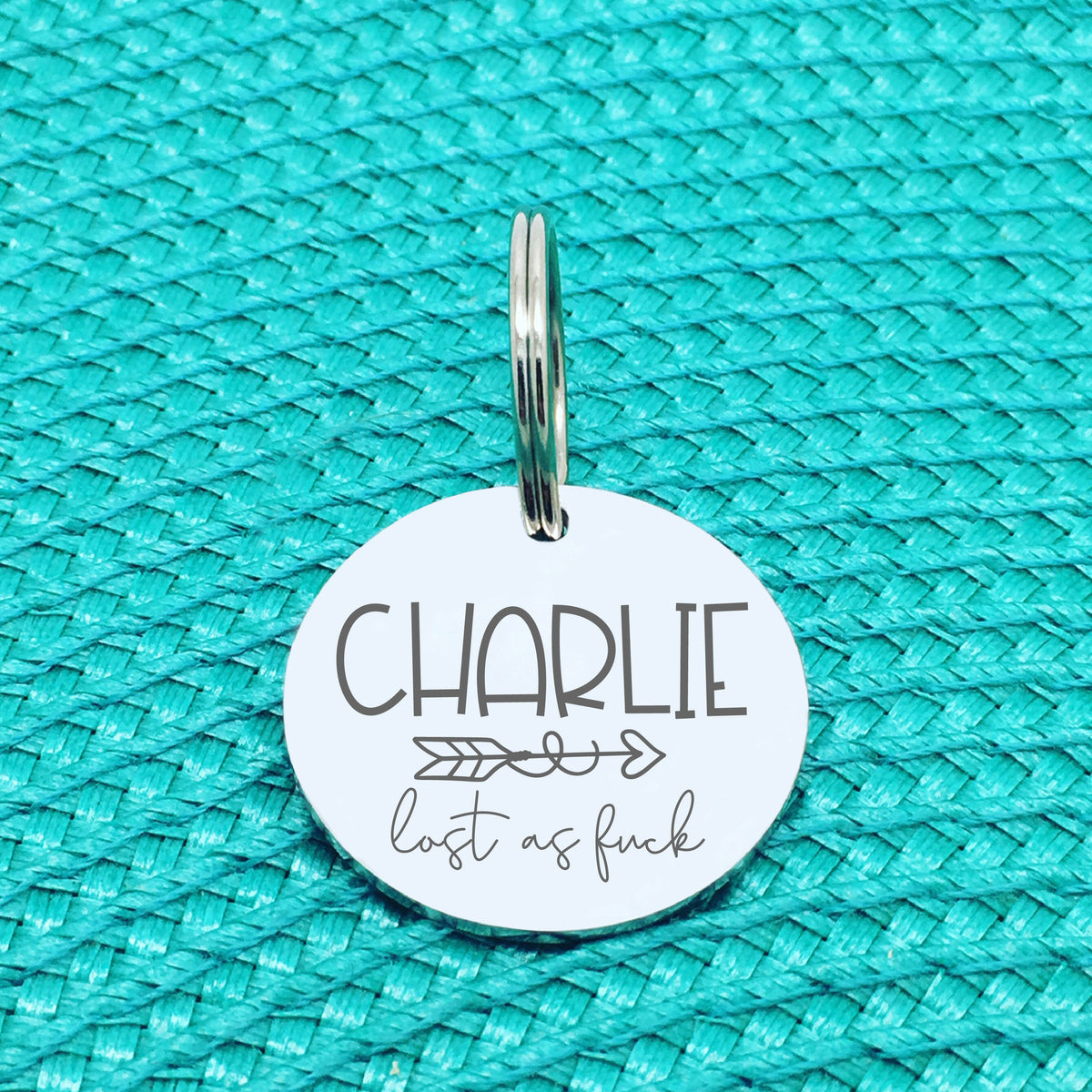 Personalised Pet Tag, 'Lost as Fuck' Arrow Design (Personalised Custom Engraved Dog Tag)