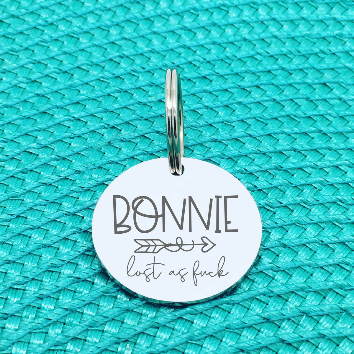Personalised Pet Tag, 'Lost as Fuck' Arrow Design (Personalised Custom Engraved Dog Tag)
