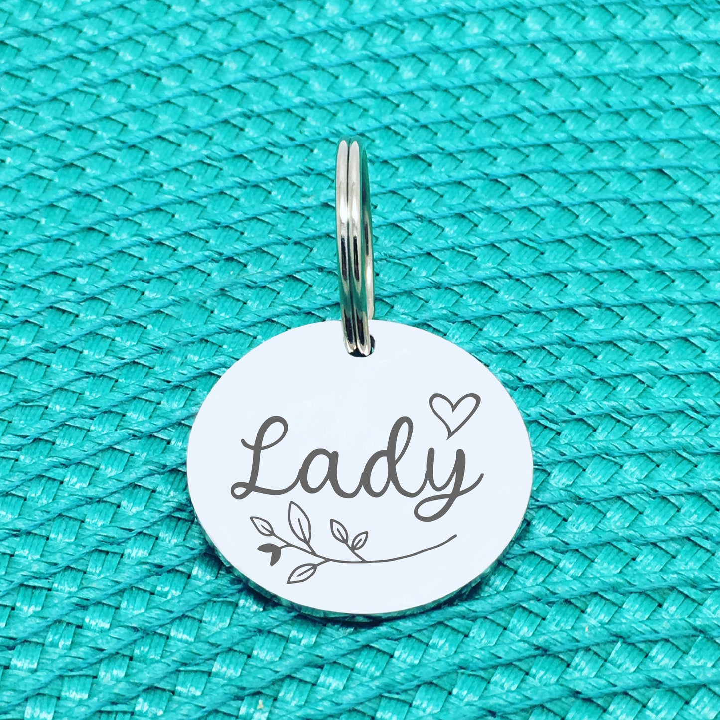 Engraved Personalised Pet Tag, Lady Design With Branch & Heart (Personalised Custom Engraved Dog Tag)