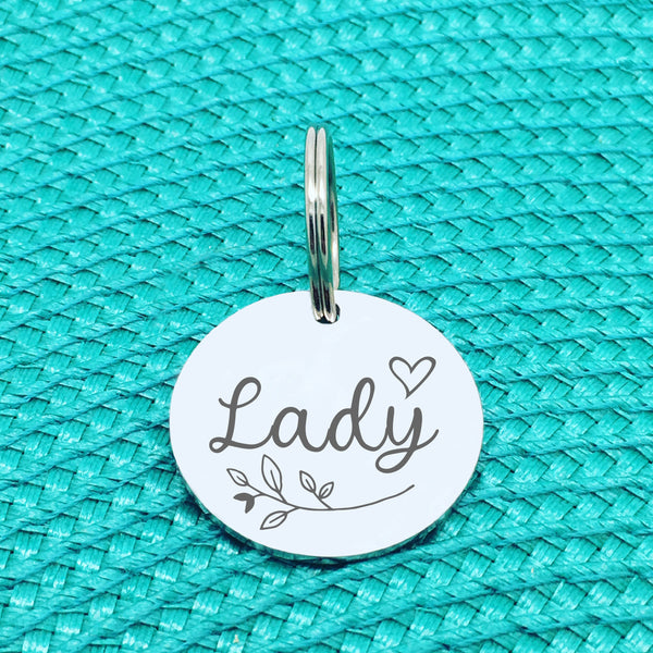 Engraved Personalised Pet Tag, Lady Design With Branch & Heart (Personalised Custom Engraved Dog Tag)