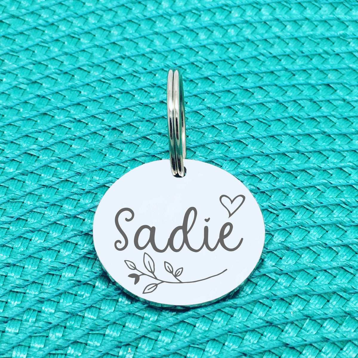 Engraved Personalised Pet Tag, Lady Design With Branch & Heart (Personalised Custom Engraved Dog Tag)