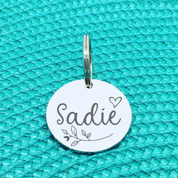 Engraved Personalised Pet Tag, Lady Design With Branch & Heart (Personalised Custom Engraved Dog Tag)