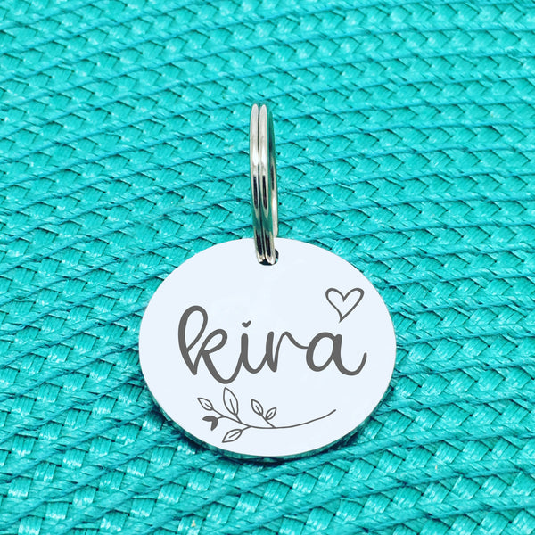 Engraved Personalised Pet Tag, Lady Design With Branch & Heart (Personalised Custom Engraved Dog Tag)