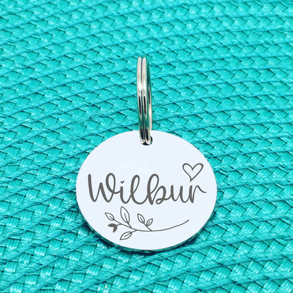 Engraved Personalised Pet Tag, Lady Design With Branch & Heart (Personalised Custom Engraved Dog Tag)
