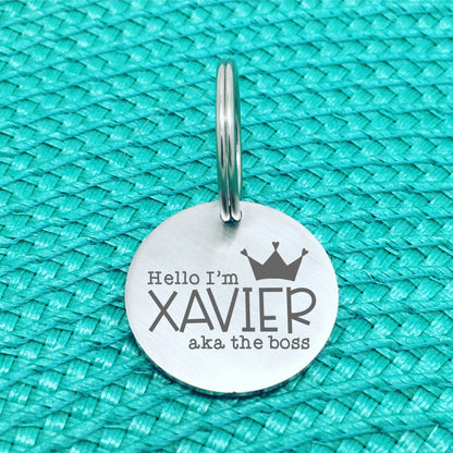 Matte Finish 'I'm The Boss' Personalised Pet Tag with Crown Image (Personalised Dog Tag / Personalised Cat Tag)