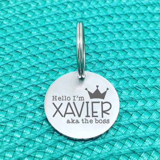 Matte Finish 'I'm The Boss' Personalised Pet Tag with Crown Image (Personalised Dog Tag / Personalised Cat Tag)