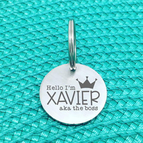 Matte Finish 'I'm The Boss' Personalised Pet Tag with Crown Image (Personalised Dog Tag / Personalised Cat Tag)