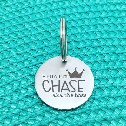 Matte Finish 'I'm The Boss' Personalised Pet Tag with Crown Image (Personalised Dog Tag / Personalised Cat Tag)