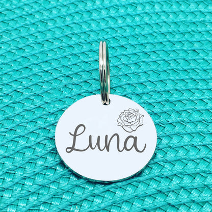 Personalised Pet Tag, 'Rose' Floral Design (Personalised Custom Engraved Dog Tag)