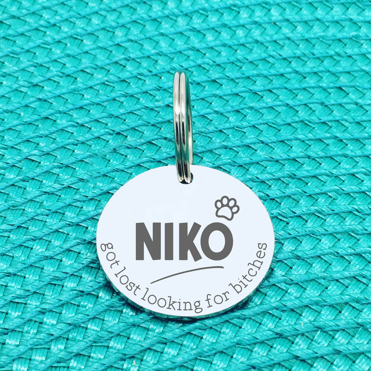Personalised Pet Tag, 'Ziggy' Got Lost Looking For Bitches Design (Personalised Custom Engraved Dog Tag)