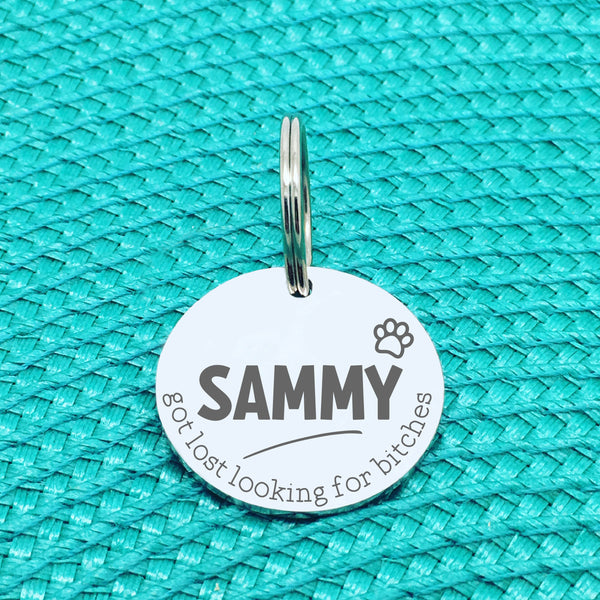 Personalised Pet Tag, 'Ziggy' Got Lost Looking For Bitches Design (Personalised Custom Engraved Dog Tag)