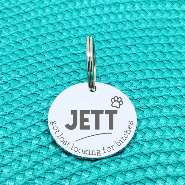 Personalised Pet Tag, 'Ziggy' Got Lost Looking For Bitches Design (Personalised Custom Engraved Dog Tag)