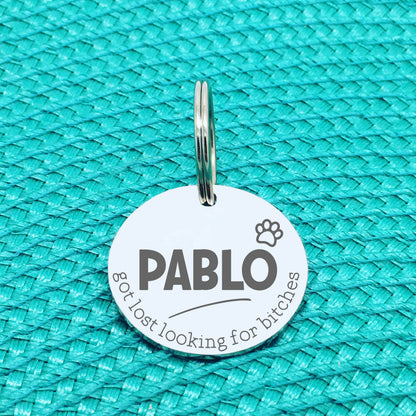 Personalised Pet Tag, 'Ziggy' Got Lost Looking For Bitches Design (Personalised Custom Engraved Dog Tag)