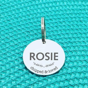 Personalised Pet Tag, 'Chipped & Loved' Design (Personalised Custom Engraved Dog Tag)