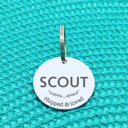 Personalised Pet Tag, 'Chipped & Loved' Design (Personalised Custom Engraved Dog Tag)