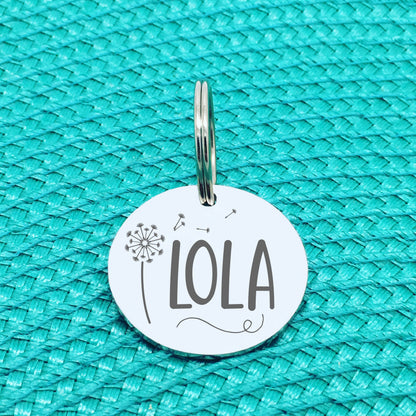 Personalised Pet Tag, Lola Design with Dandelion Image (Personalised Dog Tag / Personalised Cat Tag)