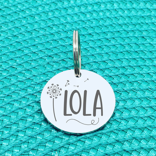 Personalised Pet Tag, Lola Design with Dandelion Image (Personalised Dog Tag / Personalised Cat Tag)