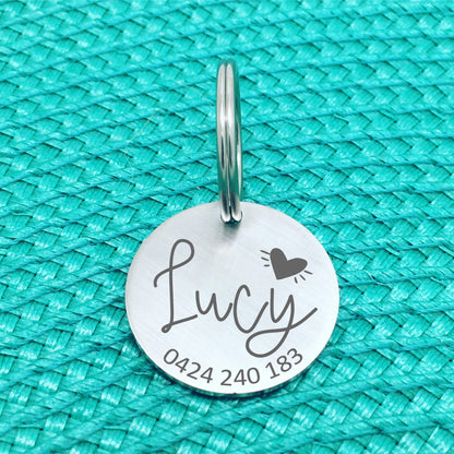 Matte Finish Personalised Dog Tag, Lucy Design with Solid Heart (Custom Dog Tag / Engraved Silver Dog Tag)