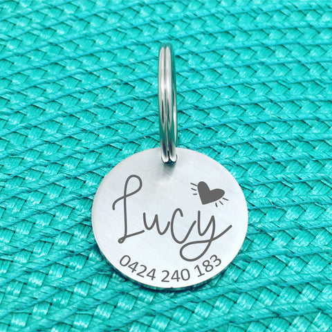 Matte Finish Personalised Dog Tag, Lucy Design with Solid Heart (Custom Dog Tag / Engraved Silver Dog Tag)