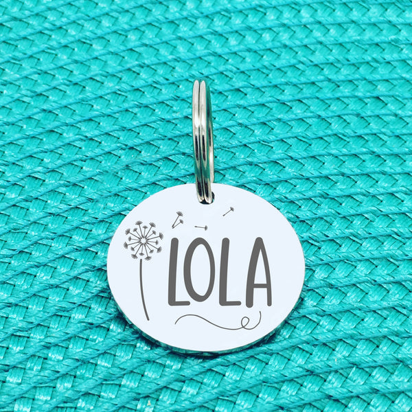 Personalised Pet Tag, Lola Design with Dandelion Image (Personalised Dog Tag / Personalised Cat Tag)