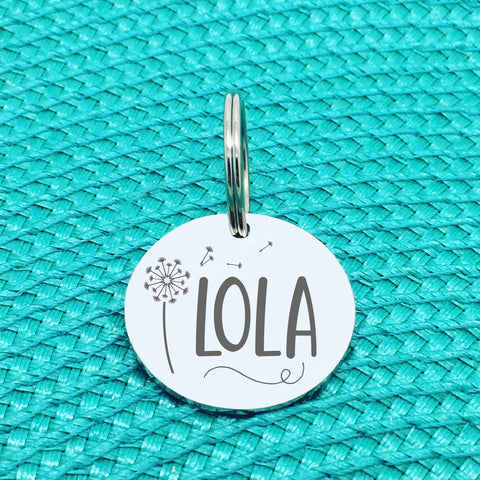 Personalised Pet Tag, Lola Design with Dandelion Image (Personalised Dog Tag / Personalised Cat Tag)