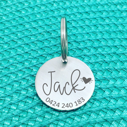Matte Finish Personalised Dog Tag, Lucy Design with Solid Heart (Custom Dog Tag / Engraved Silver Dog Tag)