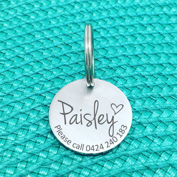 Matte Finish Personalised Dog Tag, Please Call with Heart (Custom Engraved Dog Tags / Dog Name Tags)