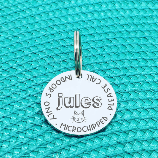 Personalised Cat Tag, Indoors Only, Microchipped, Please Call With Cat Face (Personalised Cat Tag / Custom Cat Tag)