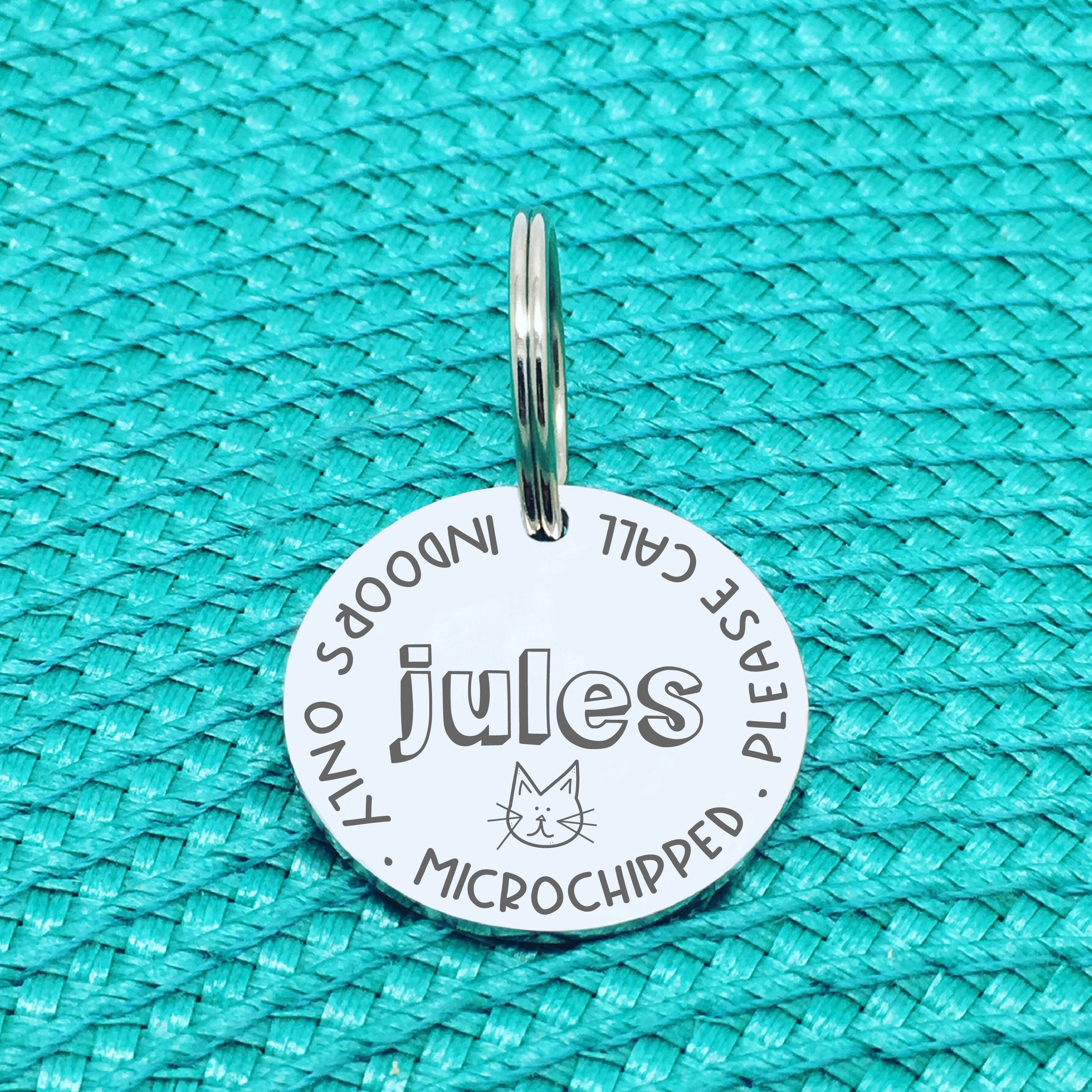 Personalised Cat Tag, Indoors Only, Microchipped, Please Call With Cat Face (Personalised Cat Tag / Custom Cat Tag)