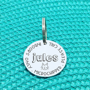 Personalised Cat Tag, Indoors Only, Microchipped, Please Call With Cat Face (Personalised Cat Tag / Custom Cat Tag)