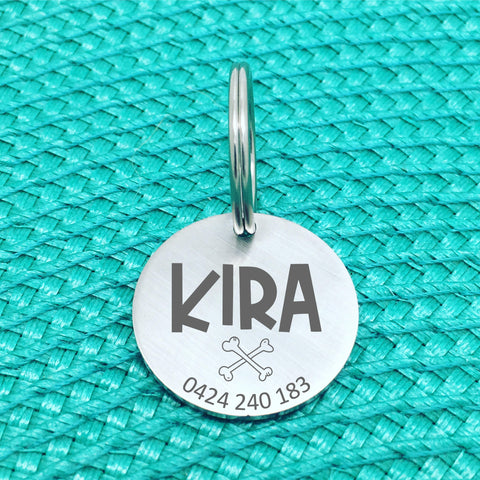 Matte Finish Personalised Dog Tag, Cross Bones Design (Custom Dog Tag / Engraved Silver Dog Tag)