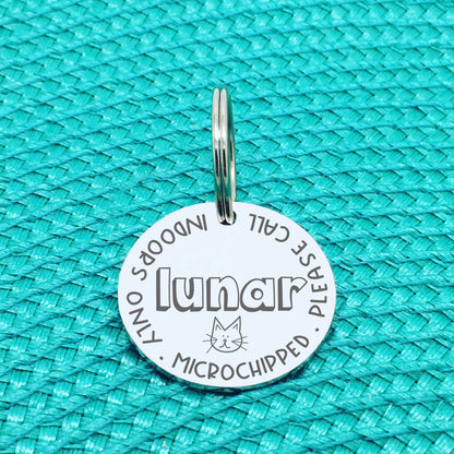 Personalised Cat Tag, Indoors Only, Microchipped, Please Call With Cat Face (Personalised Cat Tag / Custom Cat Tag)