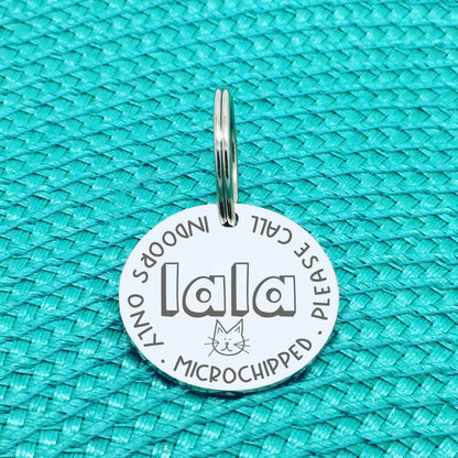Personalised Cat Tag, Indoors Only, Microchipped, Please Call With Cat Face (Personalised Cat Tag / Custom Cat Tag)