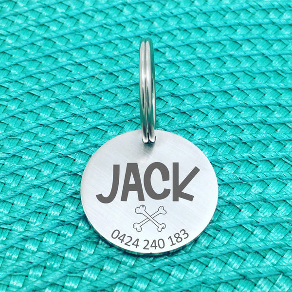 Matte Finish Personalised Dog Tag, Cross Bones Design (Custom Dog Tag / Engraved Silver Dog Tag)