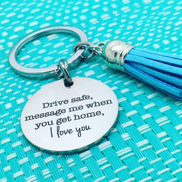 Drive Safe personalised double sided keyring (add a name or message on the back)