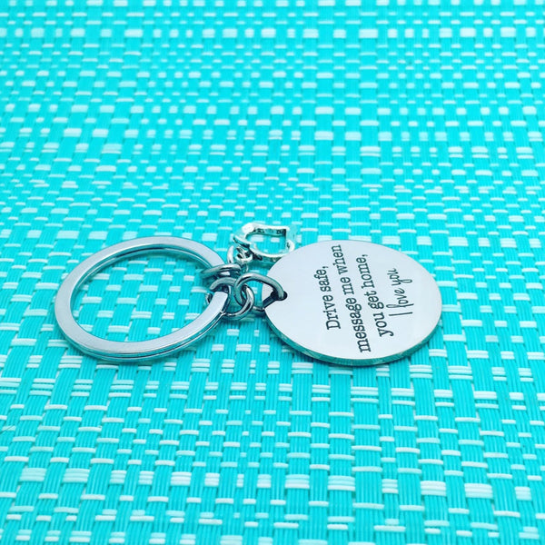 Drive Safe personalised double sided keyring (add a name or message on the back)