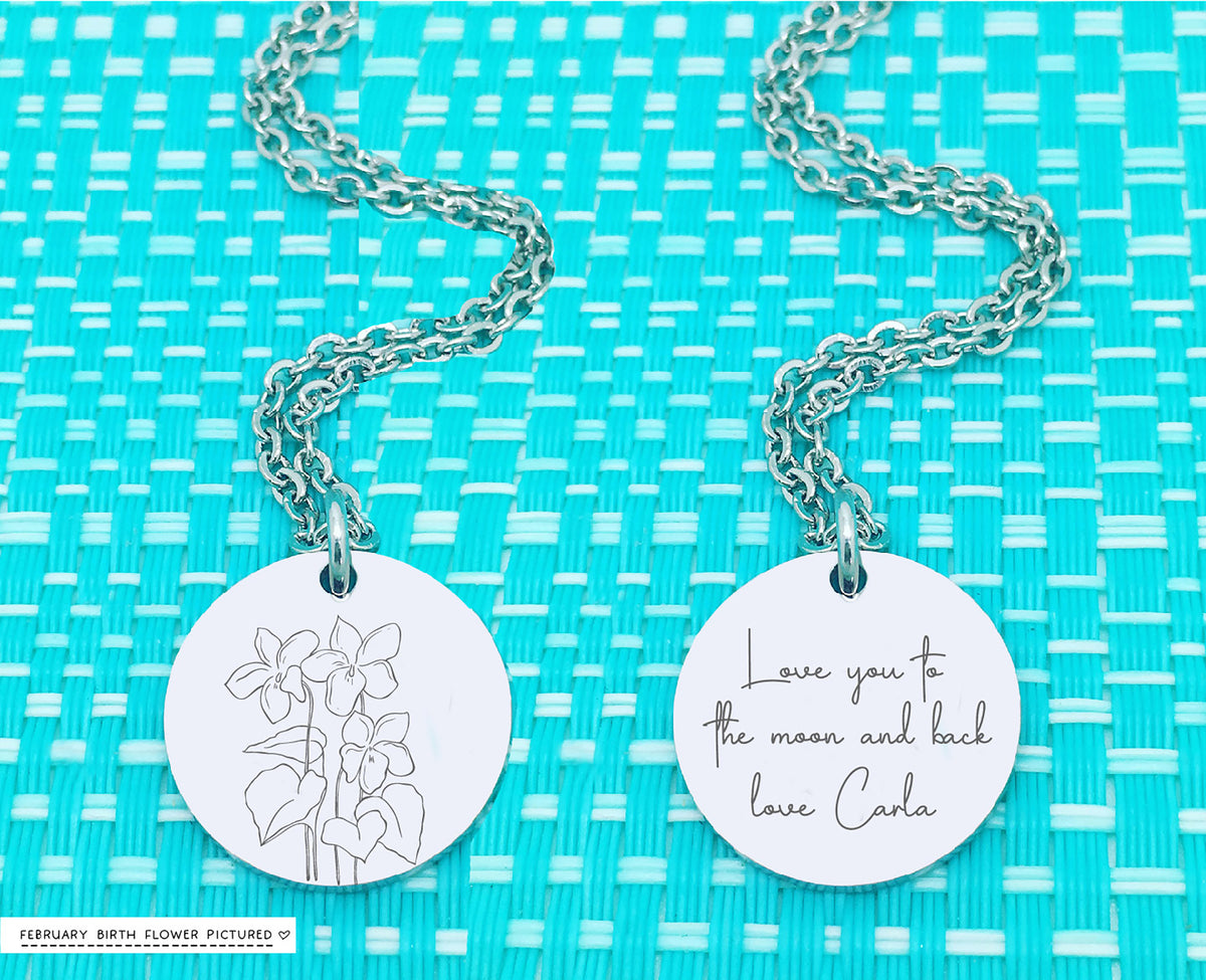 Personalised Birth Flower Necklace, Add Your Message to the reverse! Birth Month Flower Necklace, Birth Flower Necklace, Personalized Gifts, Silver or Rose Gold