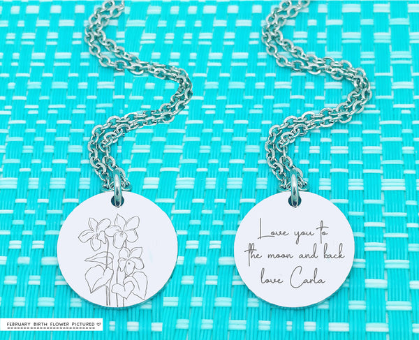 Personalised Birth Flower Necklace, Add Your Message to the reverse! Birth Month Flower Necklace, Birth Flower Necklace, Personalized Gifts, Silver or Rose Gold