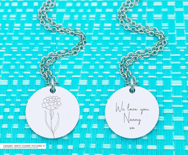 Personalised Birth Flower Necklace, Add Your Message to the reverse! Birth Month Flower Necklace, Birth Flower Necklace, Personalized Gifts, Silver or Rose Gold